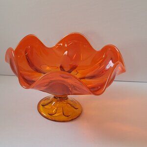 Vintage Mid-Century Viking Glass Modern Orange Art Glass Pedestal Bowl With Wavy